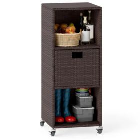 Mix Brown PE Rattan Outdoor Storage Cabinet, 3-Shelf With Removable Drawer & Lockable Wheels (Option: Defaulttitle)